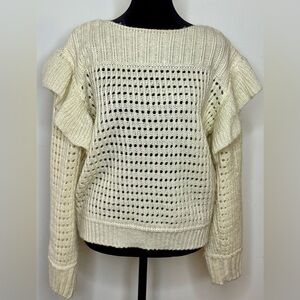 Anthropologie FRNCH Paris Cream and Gold ruffle sleeve open knit sweater S EUC